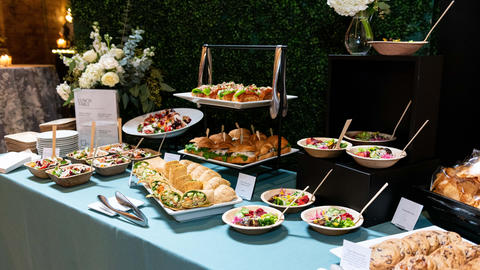Buffet table with various food items